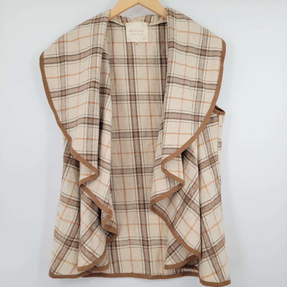 Altar'd State Plaid Vest Women Large Cream Brown Wool Blend Waterfall Y2K Boho